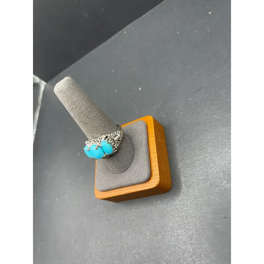 Vintage 925 Sterling Silver 3 Stone Sleeping Beauty Blue Turquoise Ring Sz 10.25